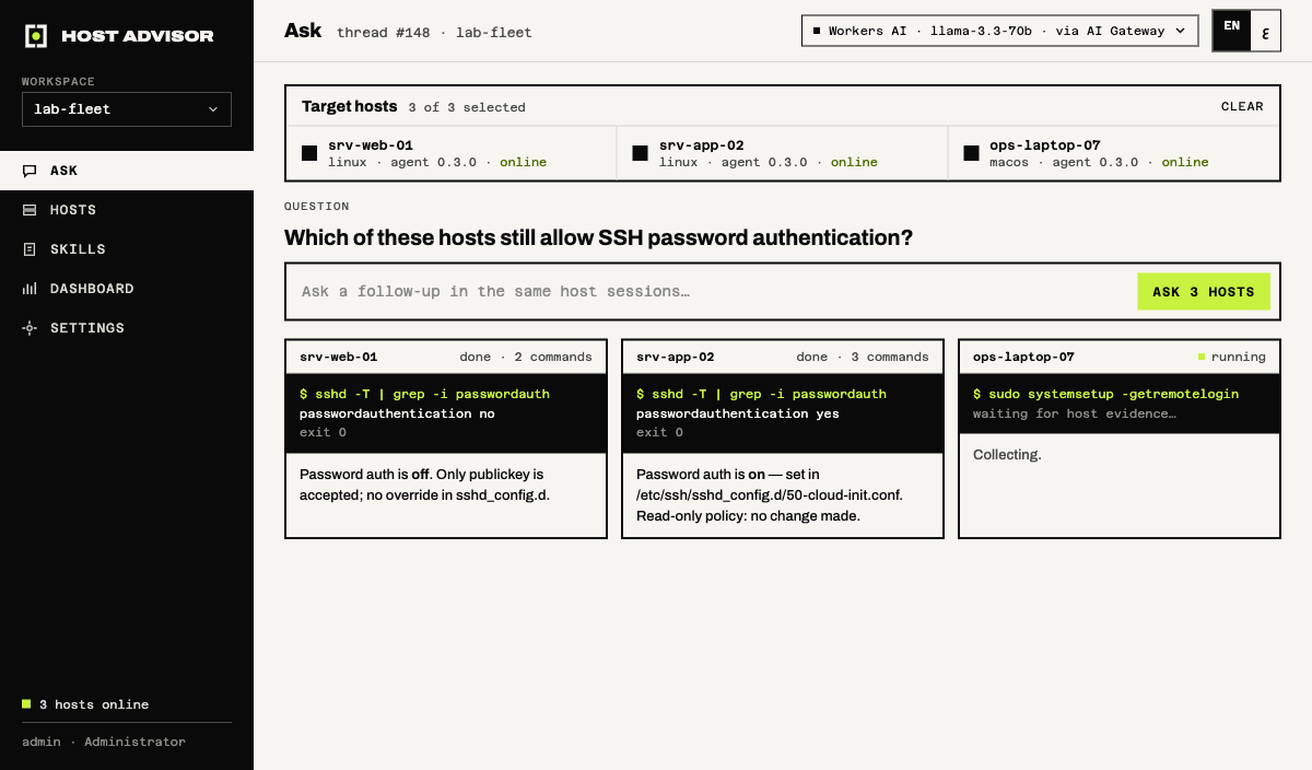 The Circuit console asking three selected hosts whether SSH password authentication is still allowed; each host answers with its own commands, exit codes and finding.